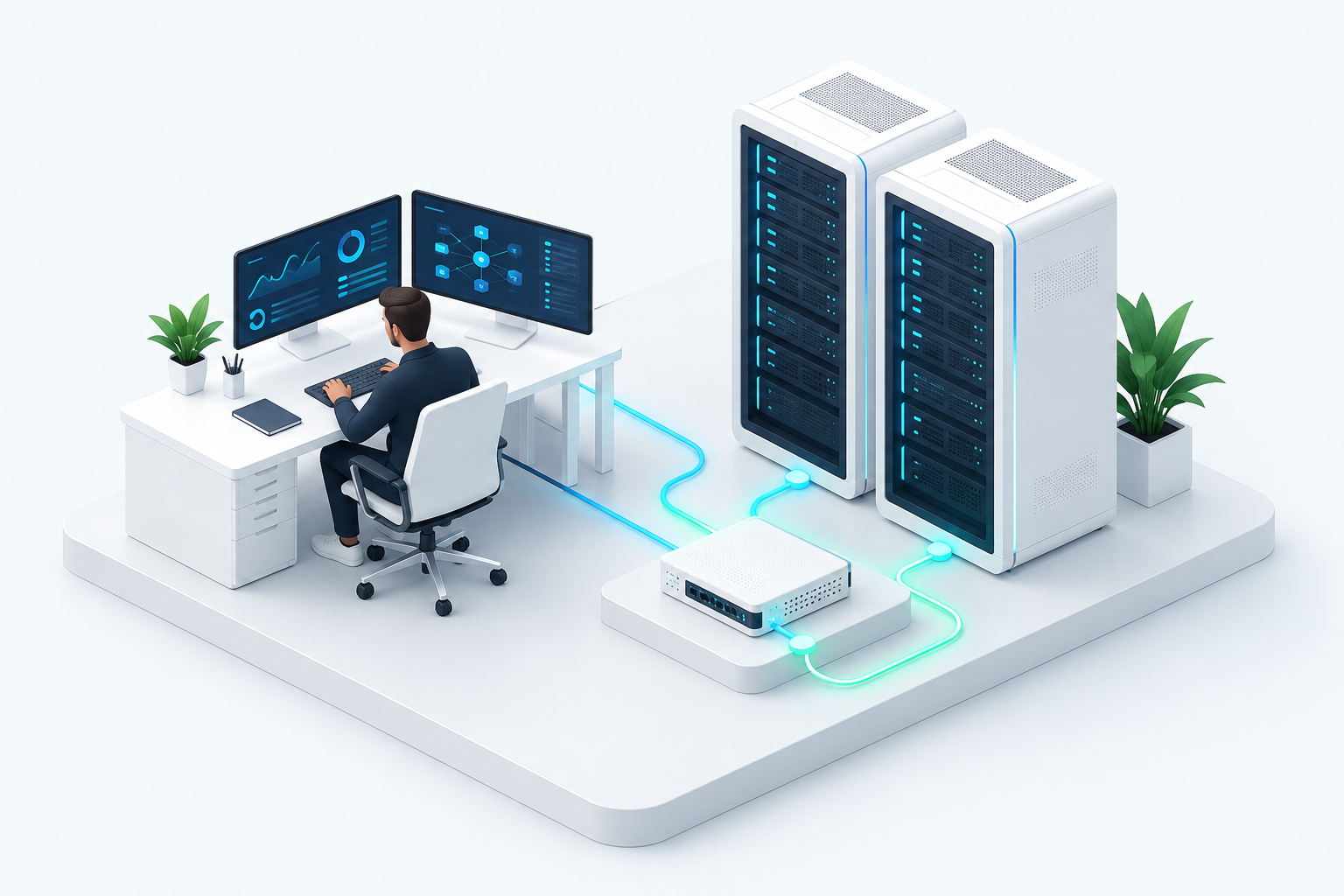 Ilustração de atendimento técnico com estações de trabalho, servidores e equipamentos de rede