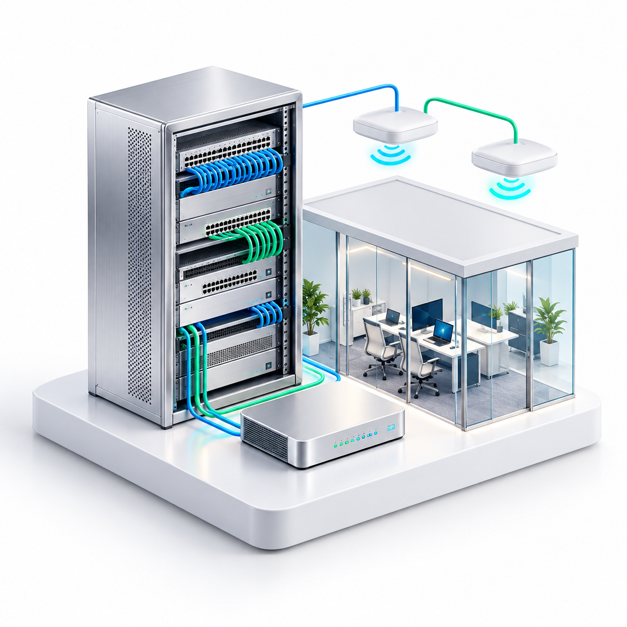 Ilustração isométrica de rack, switches, roteador e rede Wi-Fi empresarial
